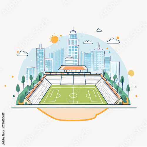 City Stadium Illustration: Green Field, Blue Sky, and Cityscape