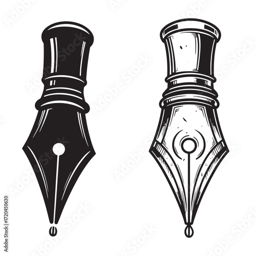 Two black and white vintage fountain pen nib illustrations on a clean white background