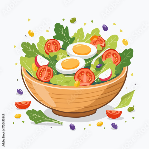 Fresh Salad with Hard Boiled Eggs in Wooden Bowl