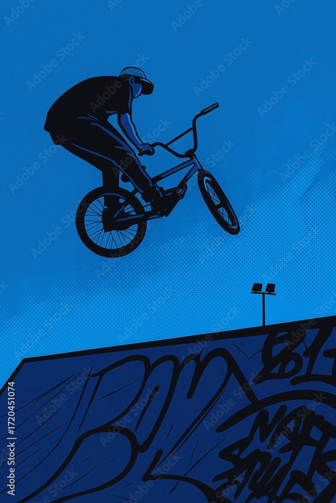 Fototapeta premium BMX rider silhouette jumping high above a graffiti-covered ramp against a dark blue sky.