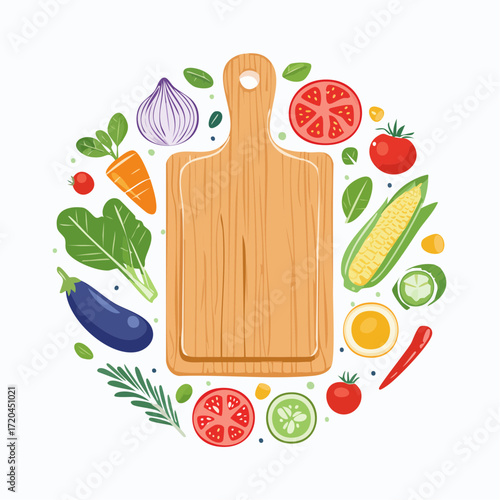 Wooden Cutting Board Surrounded by Fresh Vegetables