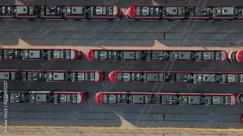 Overhead pass of streetcars at a Toronto city storage facility