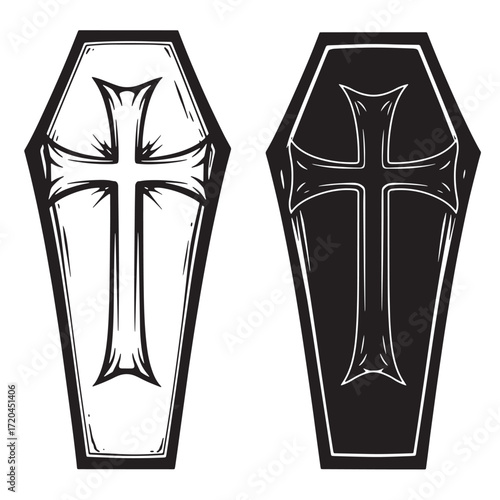 Vector illustration of two coffins with ornate crosses in contrasting black and white design