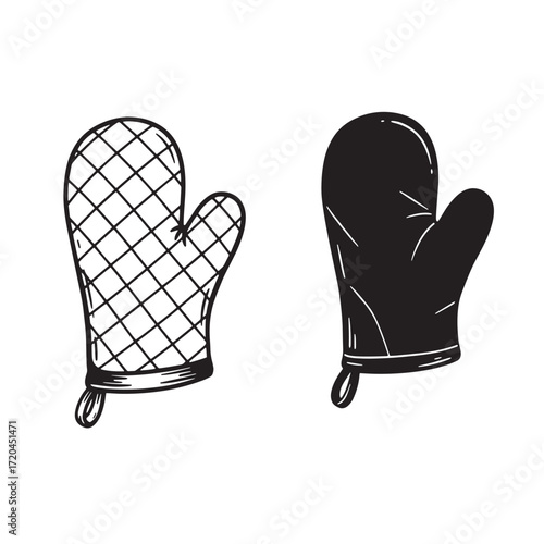 Vector illustration of two kitchen oven mitts in black and white hand drawn style