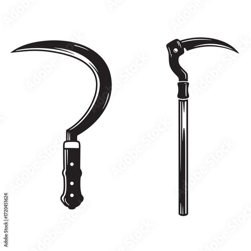 Vintage illustration of two different sickles on a white background showing detailed design
