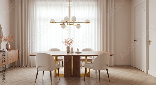 Modern Minimalist Dining Room with Round Table and Elegant Chairs in Bright Natural Light