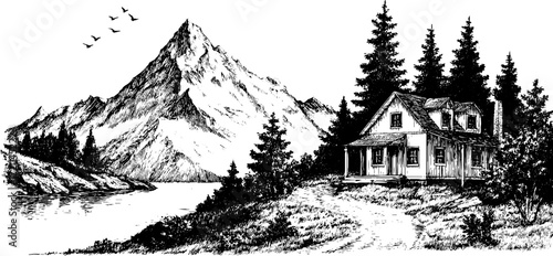 Tranquil mountain cabin retreat with scenic views and rustic charm for design use
