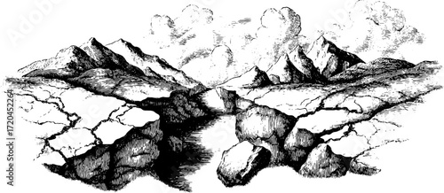 Elegant marble veins engraving with mountainous landscape background