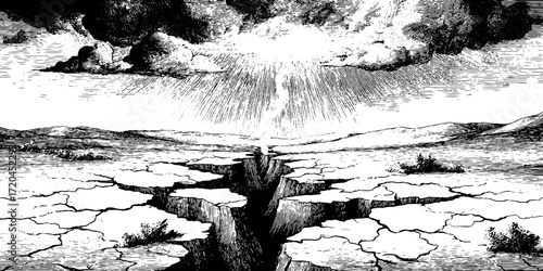 Vintage engraving of volcanic landscape with dramatic lava cracks and clouds