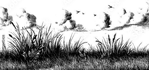 Vintage engraved seamless meadow with grasses and birds in flight for retro design