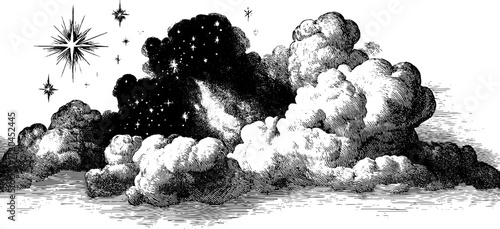 Vintage starry galaxy with clouds and stars in engraved style for design projects