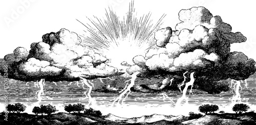 Vintage engraving of thunderstorm clouds and lightning in a dramatic sky scene