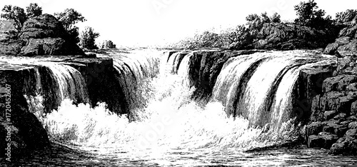 Vintage cascading waterfalls engraving pattern for retro design and decor