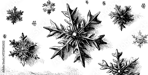 Vintage engraving of falling snowflakes seamless winter background for holiday design
