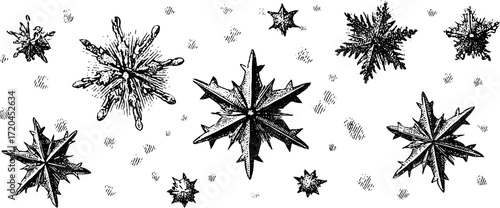 Vintage engraving style seamless background of falling snowflakes for winter design