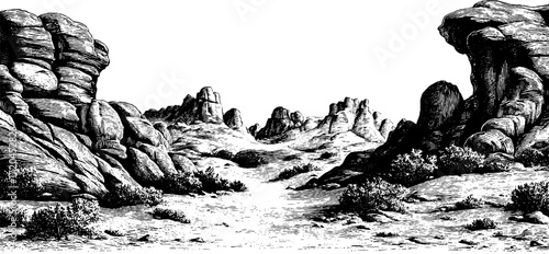 Vintage engraving style seamless landscape of rocky formations for design and decoration