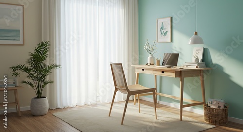 Bright Modern Home Office with Wooden Desk and Green Wall