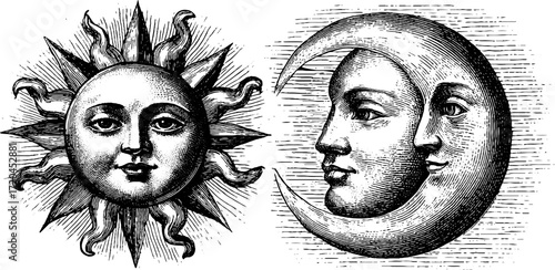 Celestial harmony: seamless hand-drawn sun and moon in vintage engraving style