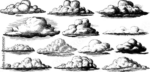 Engraving style seamless pattern of clouds in vintage retro design for print and poster