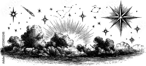 Vintage night sky with constellations and shooting star for celestial design
