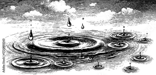 Vintage engraving of raindrops and ripples on water surface