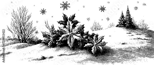 Vintage etched seamless snowfall pattern for holiday design and decoration use