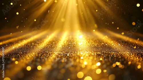 Golden Light Display: A mesmerizing scene of golden light beams radiating from above, illuminating a textured surface of sparkling gold particles, creating a dynamic display of luxury and grandeur.