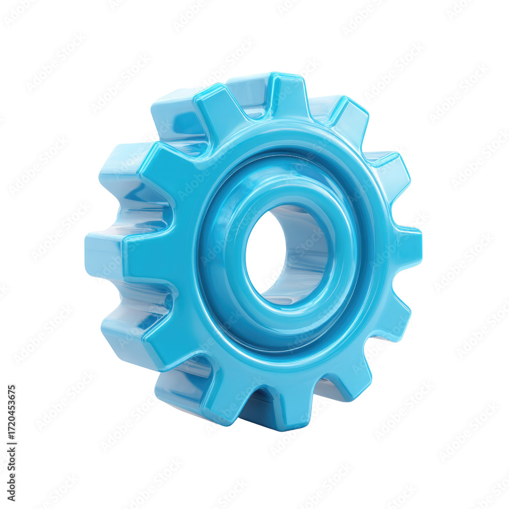 Obraz premium A 3D rendered light blue gear, isolated on a transparent background, representing machinery, technology, and processes. background removed