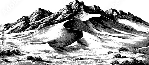 Vintage etched desert dunes scene with mountains for design