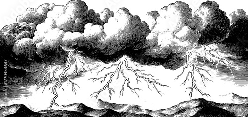 Vintage etched background featuring lightning storm over mountains for retro designs
