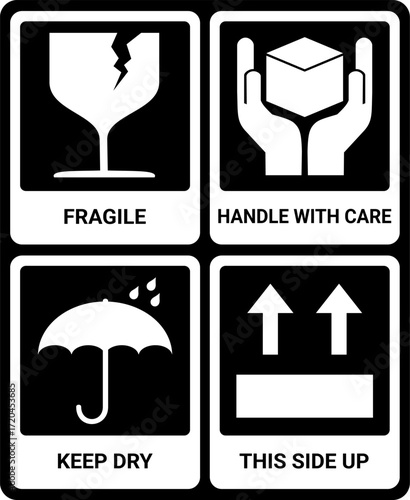 fragile warning set in black and white. sticker for packaging. handle with care, keep dry, this side up label.
