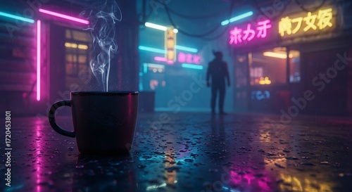 A steaming mug sits on a wet street in a neon-lit cyberpunk city, with a silhouetted figure walking in the background.