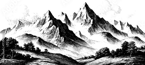 Etching style mountain range silhouette for vintage design and background art