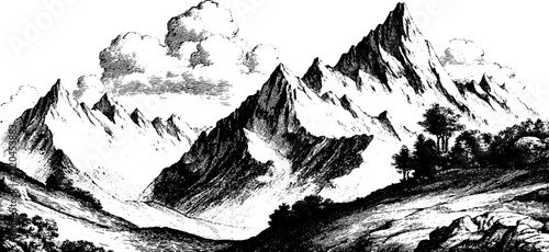 Vintage etching style mountain range with dramatic clouds for design and decoration