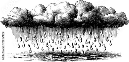 Vintage rainy cloud scene in hand drawn engraving style for retro design