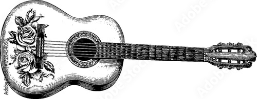 Vintage acoustic guitar with floral detail hand drawn for design
