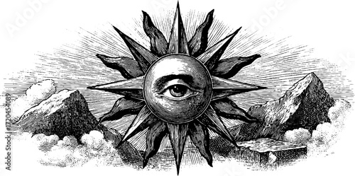 Mystical alchemical symbol with geometric sun and eye design for spiritual and esoteric themes