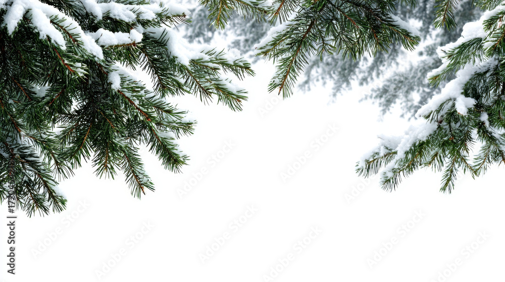 Obraz premium Snow covered evergreen branches create serene winter scene, evoking sense of calm and tranquility. fresh snow contrasts beautifully with green needles, perfect for seasonal themes