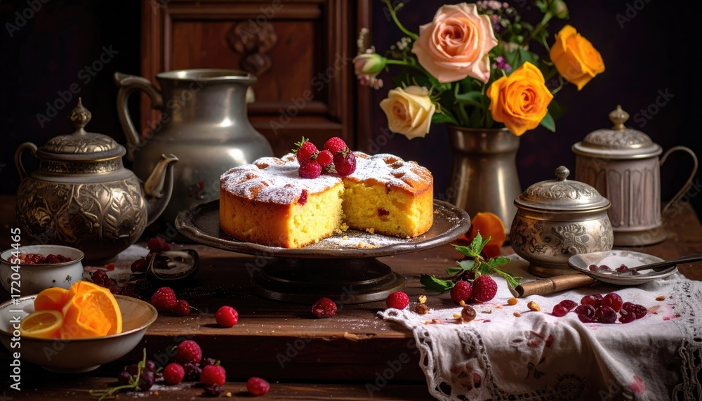 Fototapeta premium Delicious Raspberry Cake with Vintage Tea Set