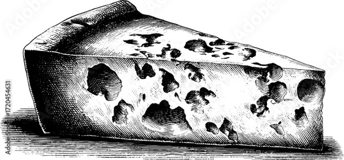 Vintage hand-drawn illustration of blue cheese slice with veins for culinary design