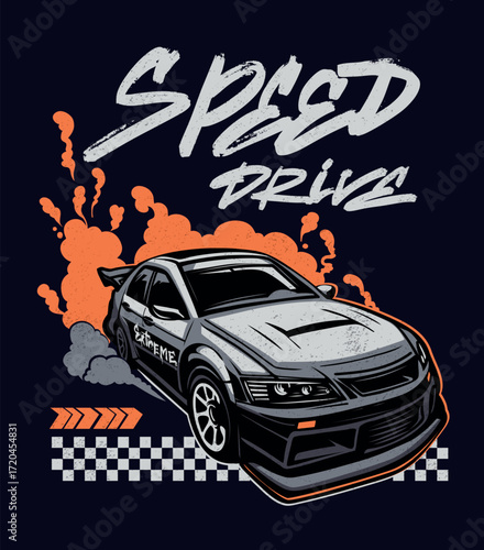 Street racing car illustration with smoke, fire splash and graffiti text Speed Drive. Sport car design for t-shirt, hoodie, poster, sticker. Aggressive urban style, bold typography.