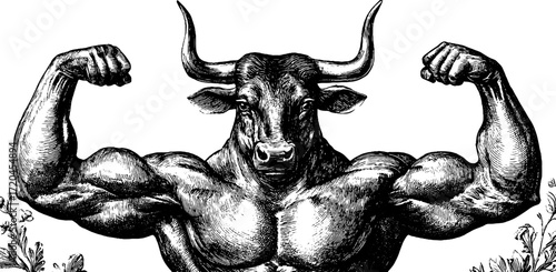 Vintage hand drawn illustration of muscular bull with prominent horns
