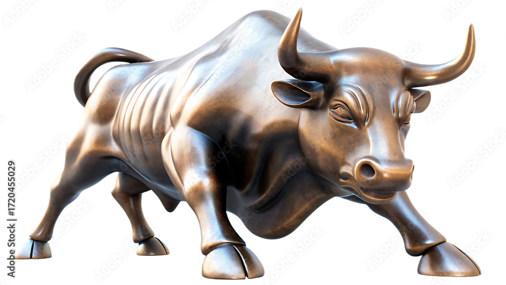 Fototapeta premium a bronze wall street bull statue isolated on white background, png, ai generated