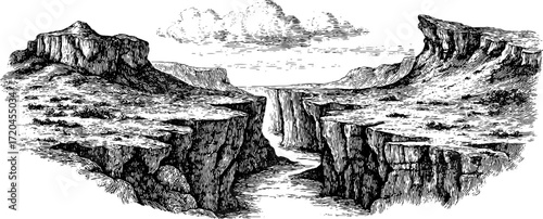 Vintage hand drawn illustration of a deep canyon gorge landscape