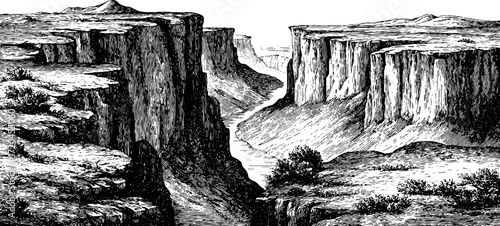 Vintage hand drawn illustration of a deep canyon gorge in retro engraving style