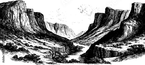 Vintage hand drawn illustration of deep canyon gorge in retro style for design