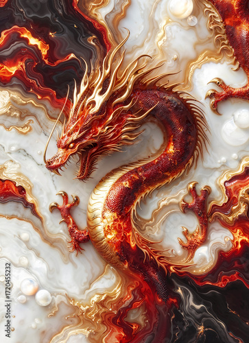 Highly detailed fantasy illustration of a powerful oriental dragon with red scales, fiery mane, and swirling smoke. Perfect for posters, wall art, fantasy book covers, gaming backgrounds