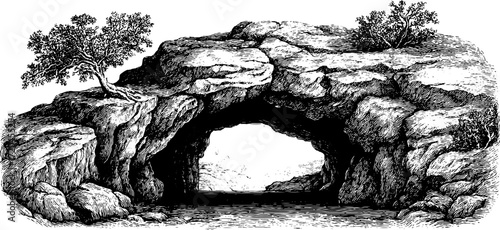 Ancient cave entrance illustration with rock formations and trees