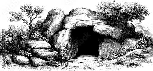 Vintage hand-drawn cave entrance silhouette with dark hollow design for posters and labels