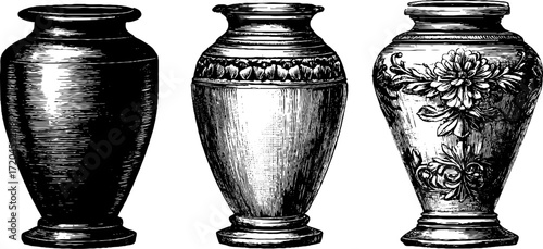Vintage hand-drawn illustration of tall narrow ceramic vases with decorative patterns